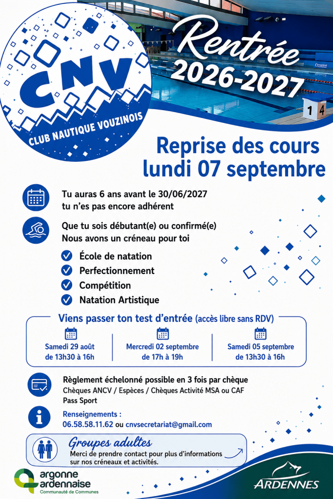 Affiche de rentrée 2026-2027 du Club Nautique Vouzinois annonçant la reprise des cours de natation à Vouziers le lundi 7 septembre 2026, avec tests d’entrée gratuits les 29 août, 2 et 5 septembre.
